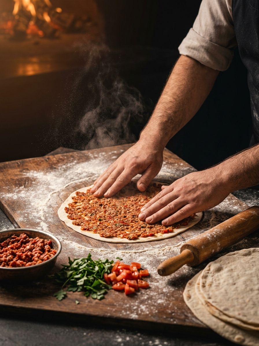 Ahşap tezgâhta lahmacun harcı seriliyor, arkada taş fırının ateşi