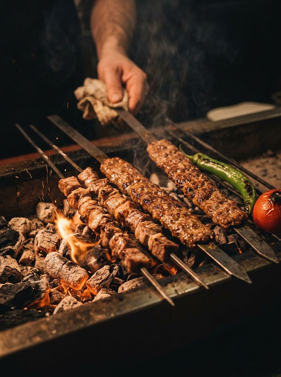 Kömür ateşinde pişen adana kebap ve kuzu şiş şişleri