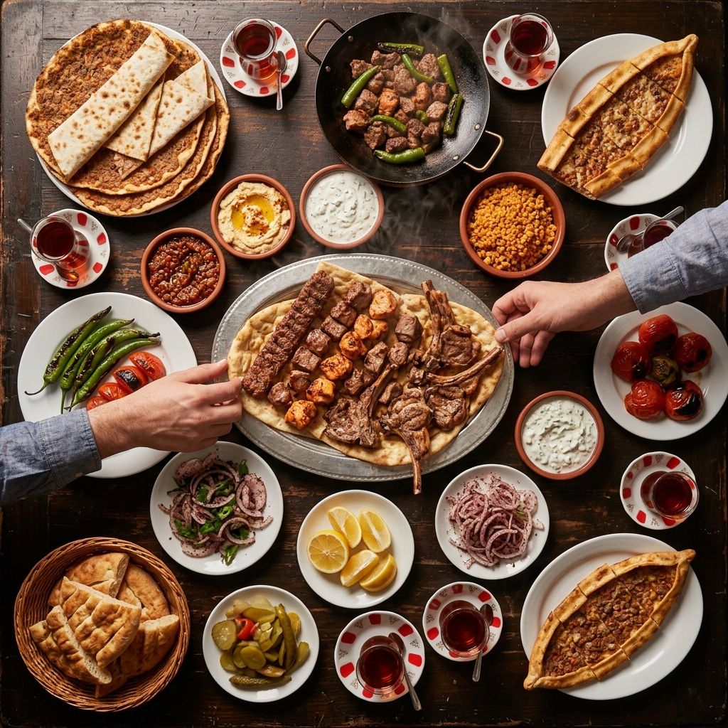 Tepeden görünüm: karışık ızgara tabağı, lahmacun, pide, mezeler ve çaydan oluşan kalabalık sofra