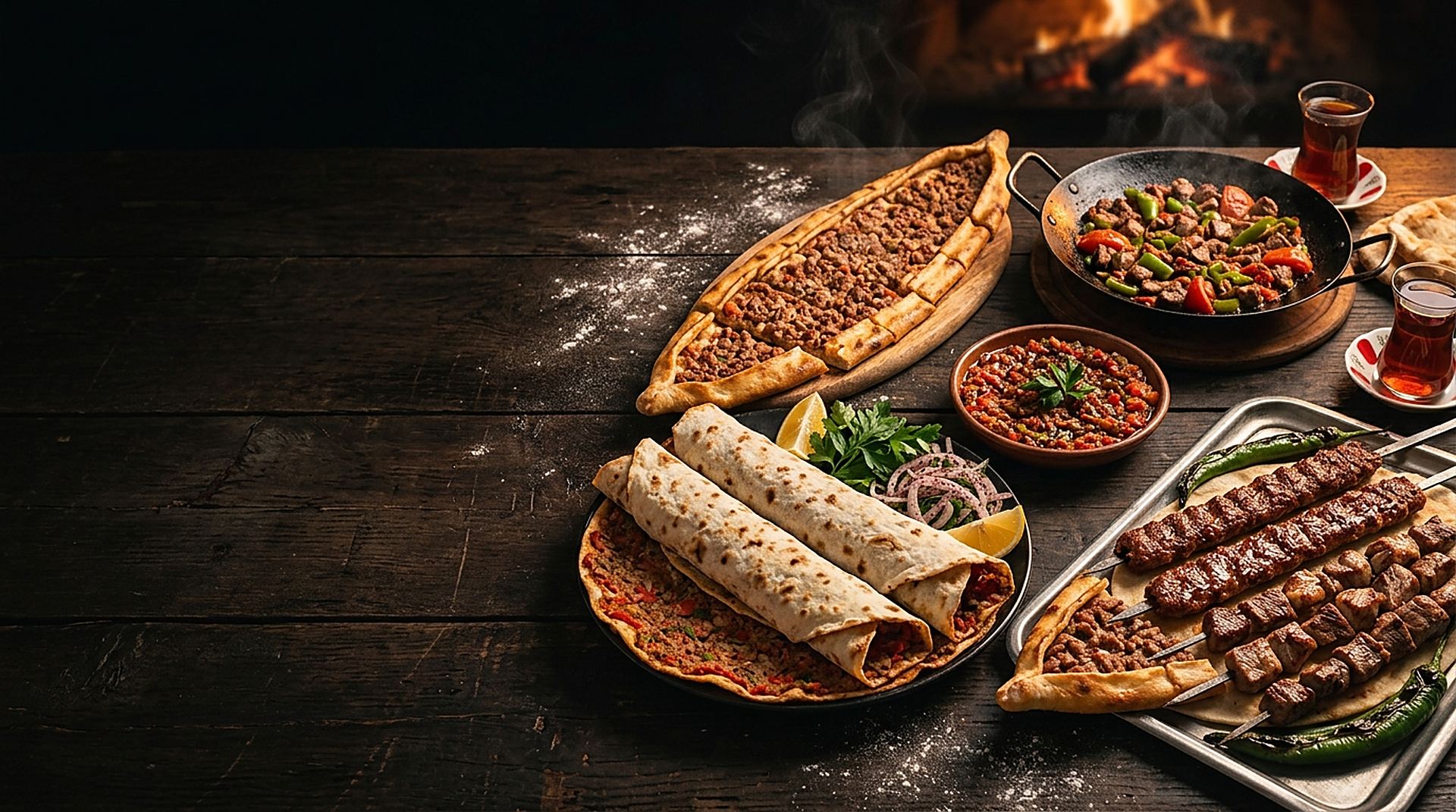 Lahmacun, kıymalı pide, adana ve kuzu şiş, sac kavurma ve ezmeden oluşan sofra